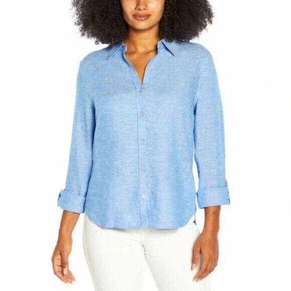 ORVIS 1588920 BLUE BUTTON DOWN LONG SLEEVE LINEN BLEND BLOUSE SZ L - Picture 1 of 8